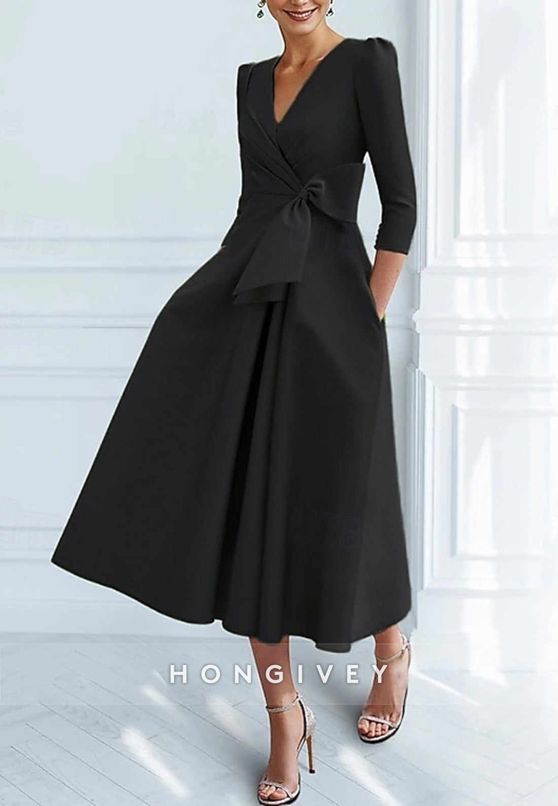 V Neck Tea-Length 3/4 Sleeve A-Line Ruched Cocktail Dresses with Bow(s)