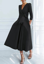 V Neck Tea-Length 3/4 Sleeve A-Line Ruched Cocktail Dresses with Bow(s)