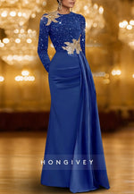 A-Line Evening Gown Long Sleeve Crew Neck Satin Glitter Mother Of the Bride Dress