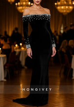 Off the Shoulder Black Tie Stretch Velvet Sheath Evening Gowns with Rhinestone