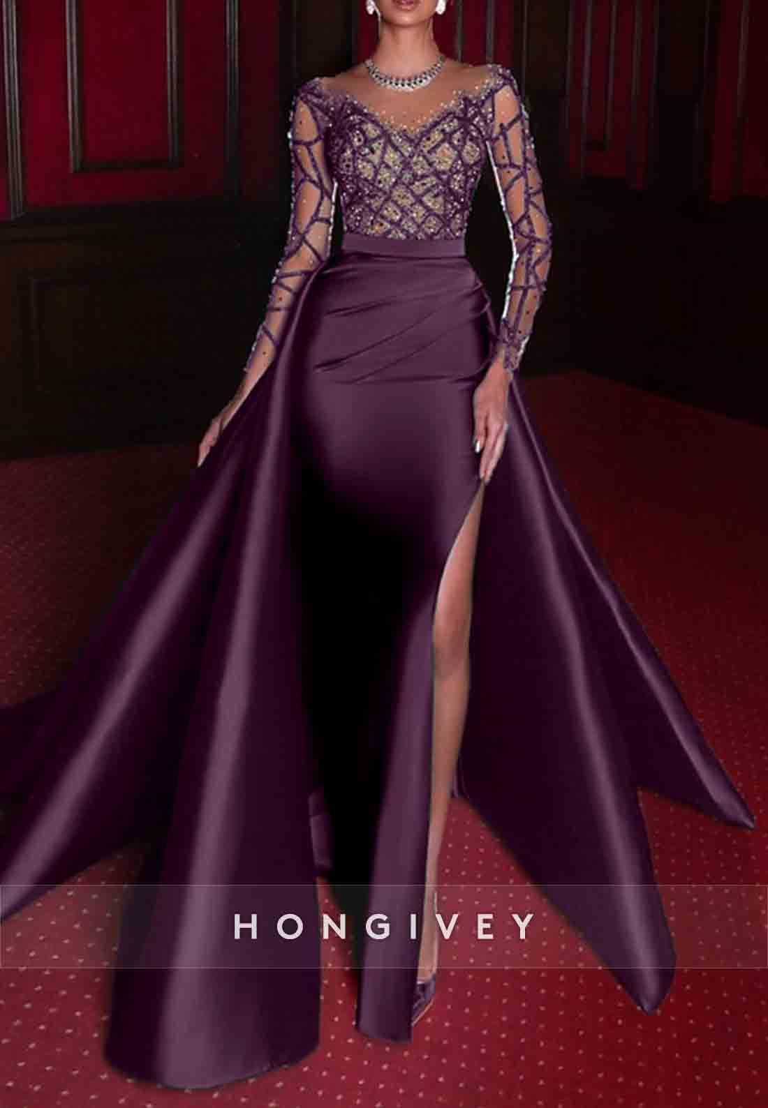 Satin Long Sleeves Detachable Illusion Neck Evening Gowns with Beading