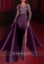 Satin Long Sleeves Detachable Illusion Neck Evening Gowns with Beading