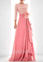 3/4 Sleeve A-Line Guest of Wedding Glitter Pleated Evening Gowns with Feather