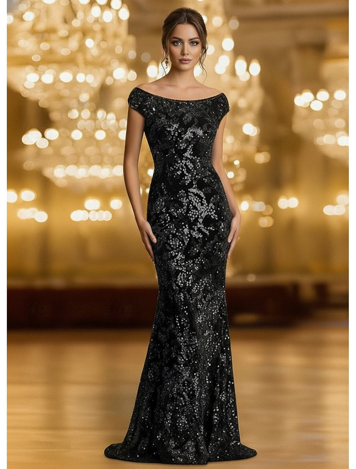 Sequins Applique Sparkle Sleeveless Mermaid Evening Dress Floor-Length