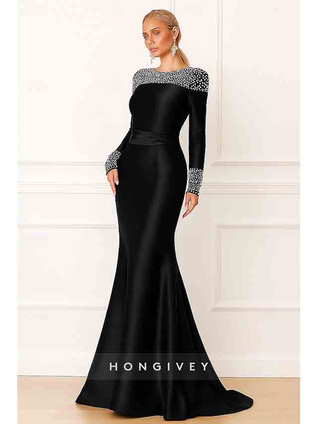 Beaded Long Sleeve Meimaid Evening Dress