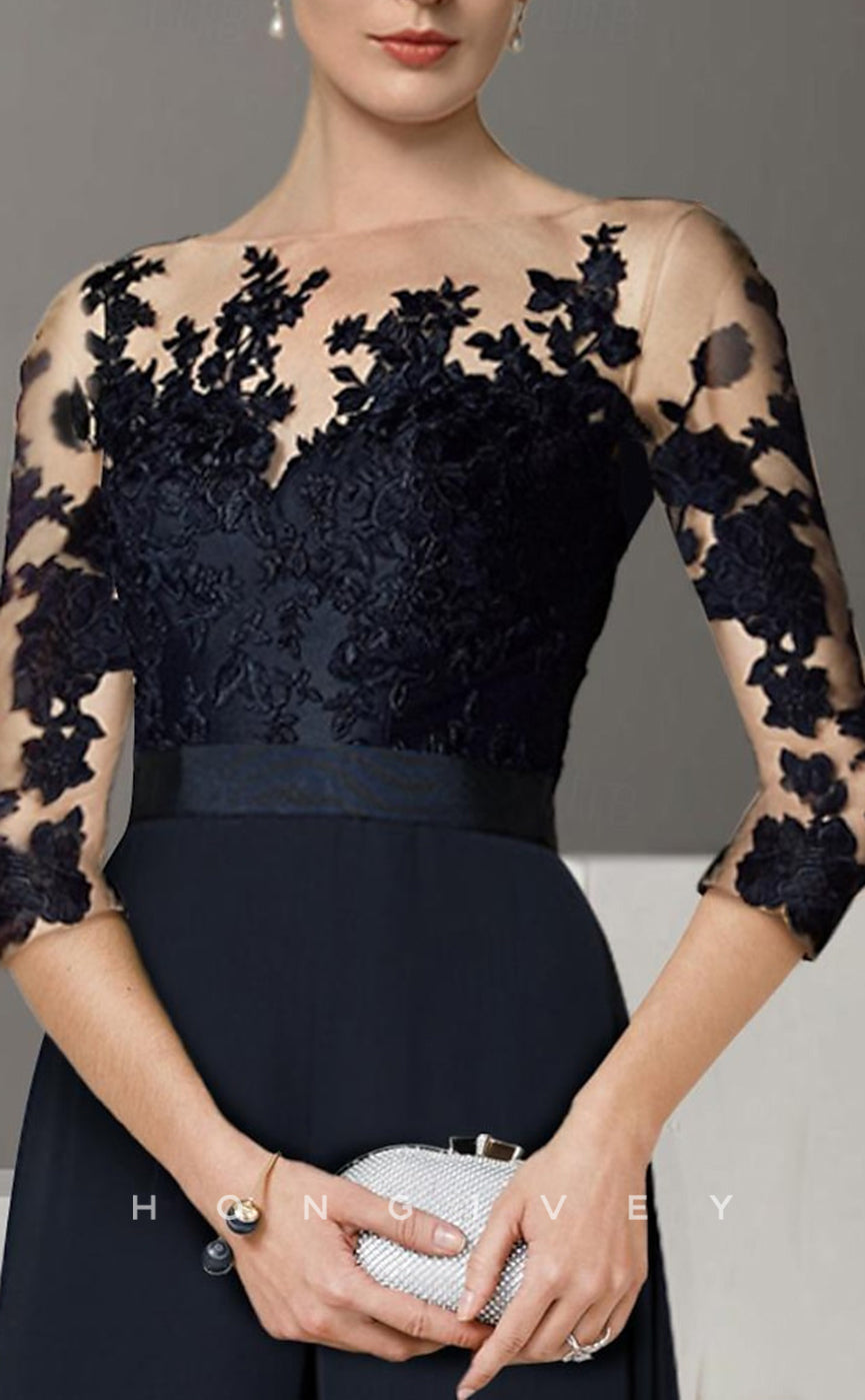 HM186 - Chic Round 3/4 Sleeves Appliques Jumpsuit Detachable