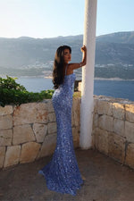 Dazzling Steel Blue Spaghetti-Strap Sequins Prom Dresses Mermaid Sleeveless Side Slit Online