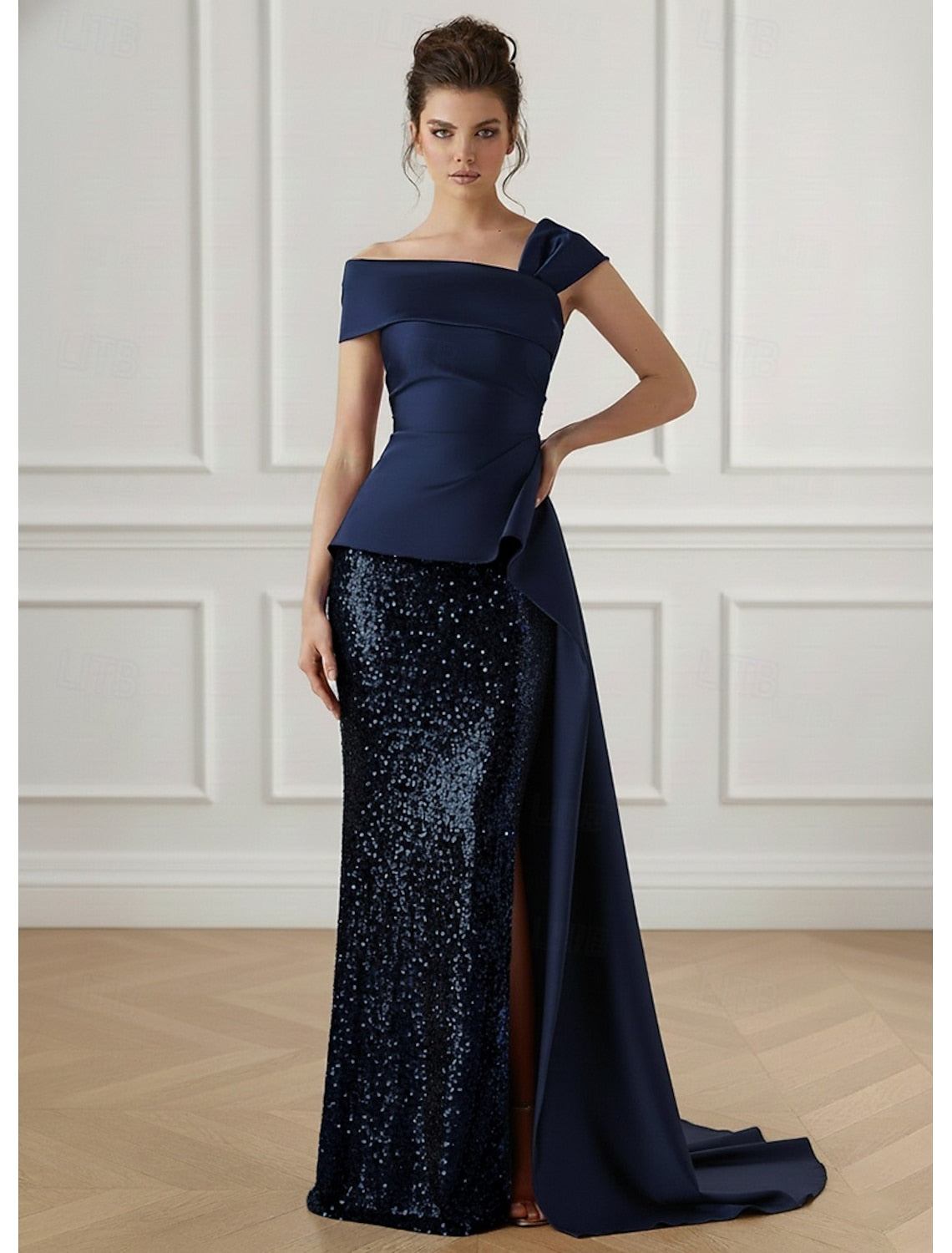 Satin One Shoulder Floor-Length Sequined Trumpet Evening Gown