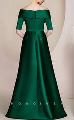 HM212 - Satin A-Line Off-Shoulder With Train Mother of the Bride Dress