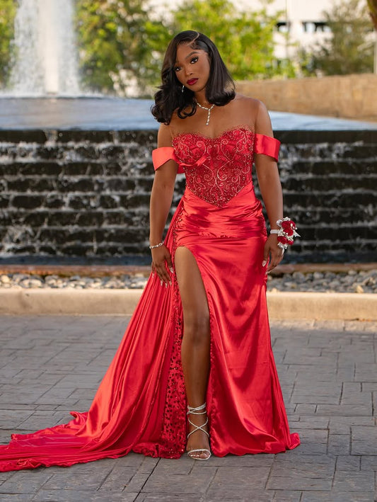 Off the Shoulder Beaded Sleeveless Mermaid Side Slit Prom Dress for Black Girl