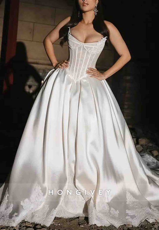 Pleated Strapless Princess Chapel Train Satin Wedding Dresses