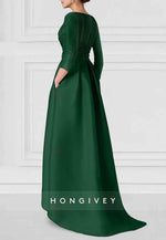 Asymmetrical Satin Wedding Guest Dark Green 3/4 Sleeve Shoulder Evening Gowns