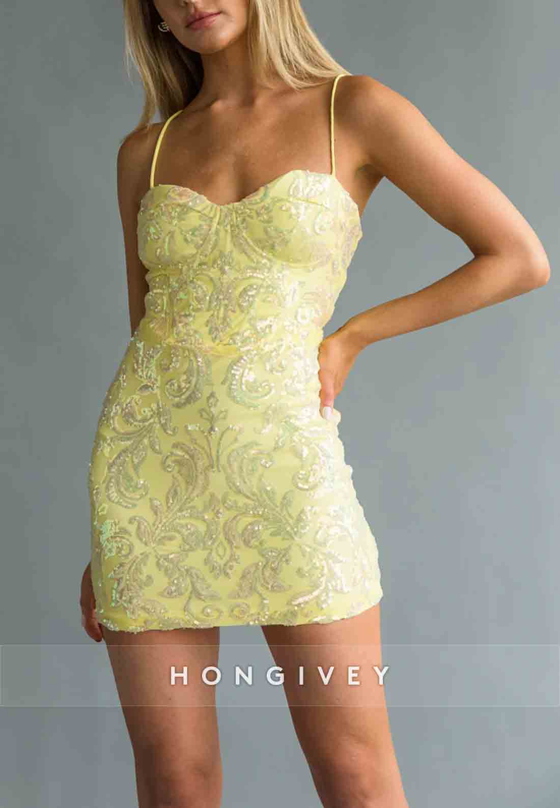 Spaghetti Straps Sweetheart Bodycon Yellow Sequined Mini Homecoming Dress