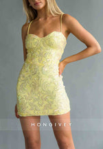 Spaghetti Straps Sweetheart Bodycon Yellow Sequined Mini Homecoming Dress