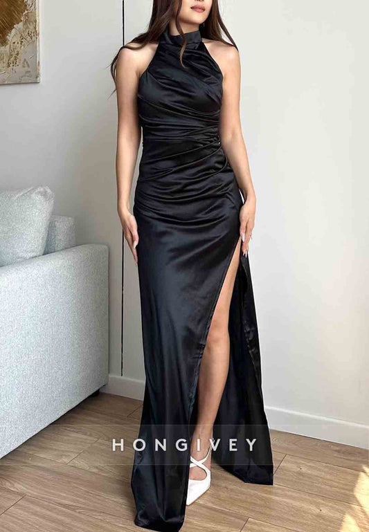 Halter Sheath High Slit Floor-Length Low Back Sleeveless Pleated Evening Gowns