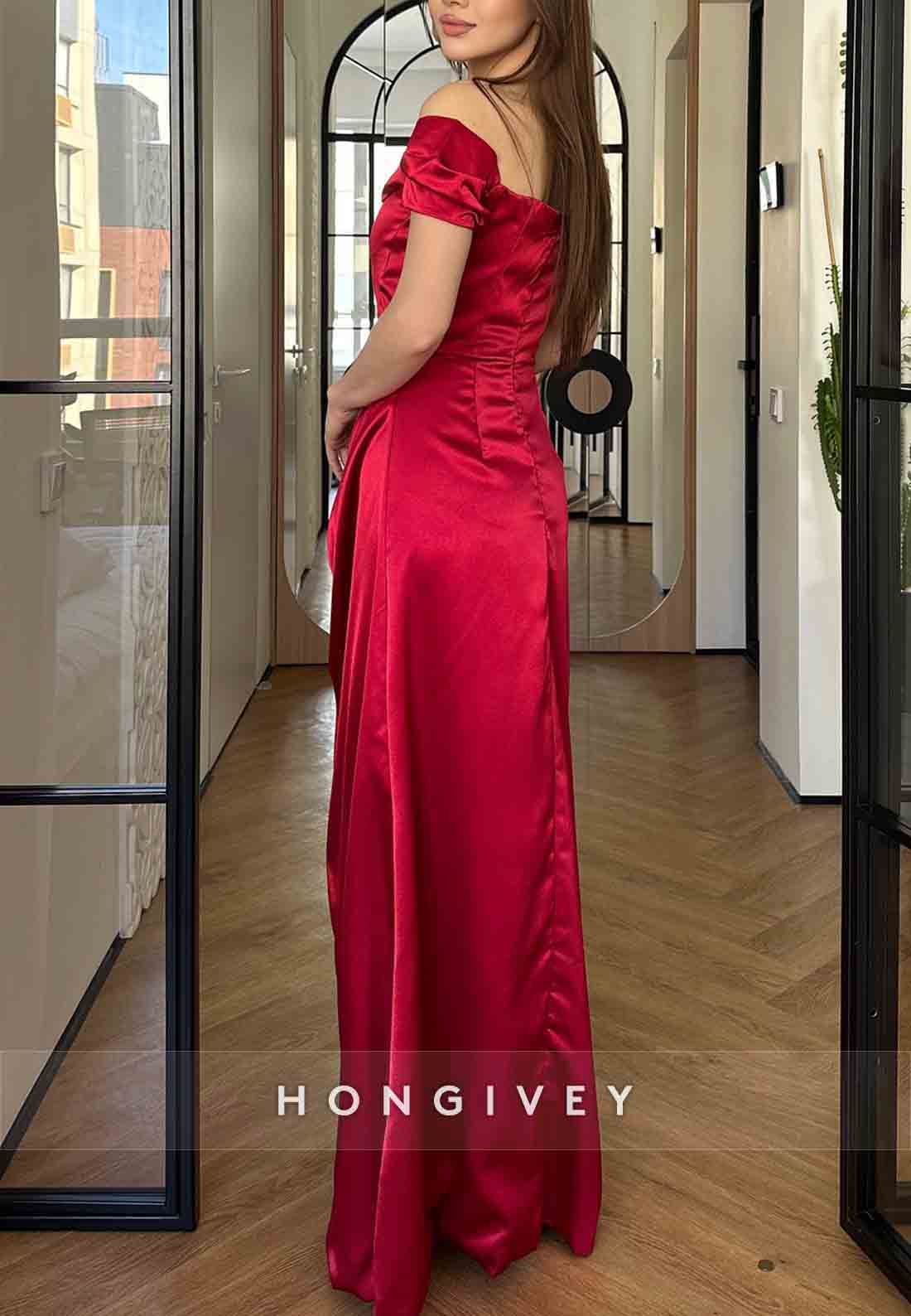 Red Off the Shoulder Floor-Length Satin Column Pleated Evening Gowns