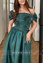 Off the Shoulder Floor-Length Ruffles Satin Pleated Crisscross Back Evening Gowns