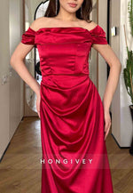 Red Off the Shoulder Floor-Length Satin Column Pleated Evening Gowns