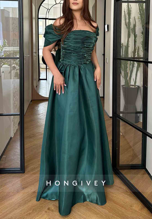 Off the Shoulder Floor-Length Ruffles Satin Pleated Crisscross Back Evening Gowns