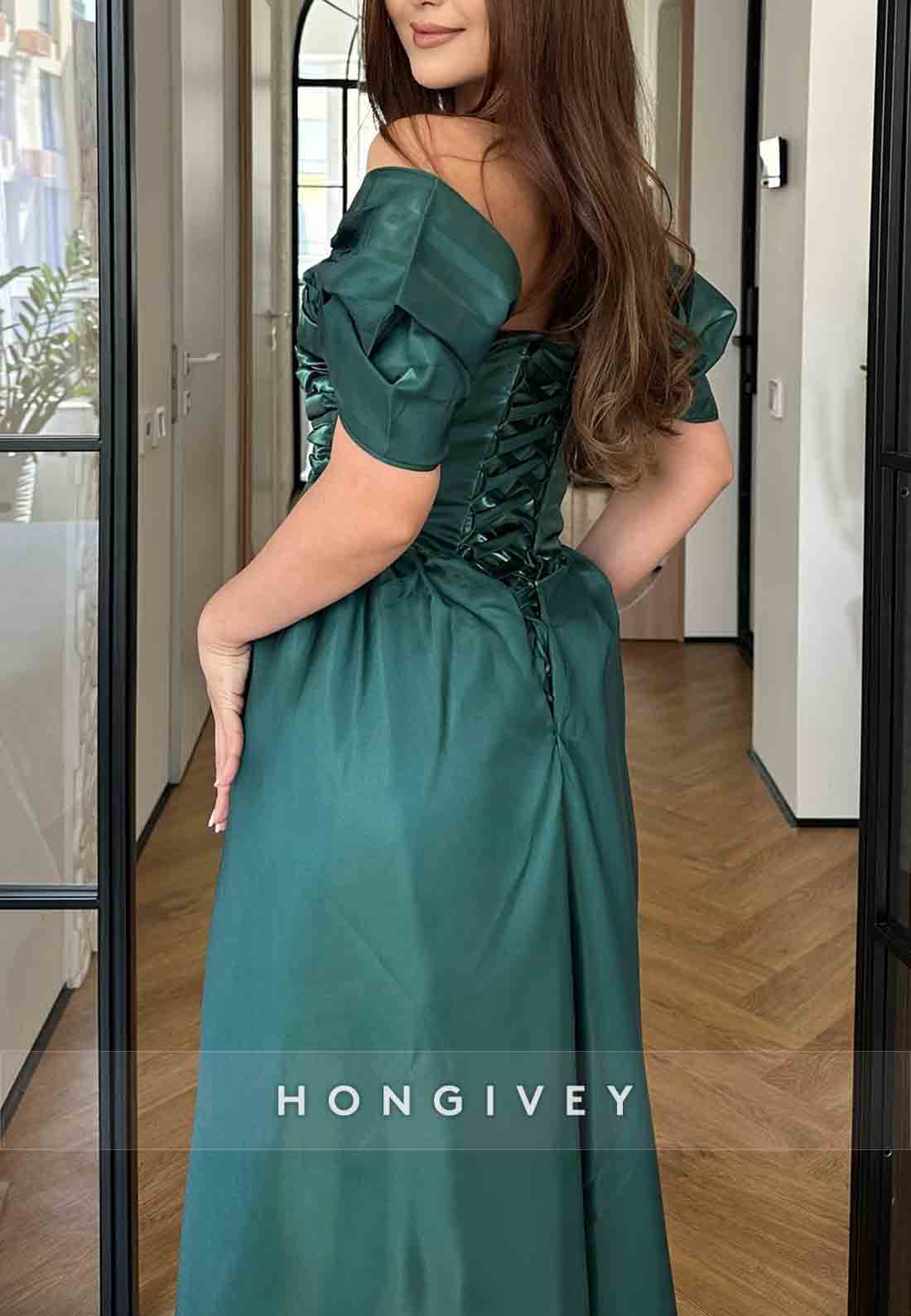 Off the Shoulder Floor-Length Ruffles Satin Pleated Crisscross Back Evening Gowns