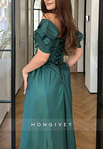 Off the Shoulder Floor-Length Ruffles Satin Pleated Crisscross Back Evening Gowns