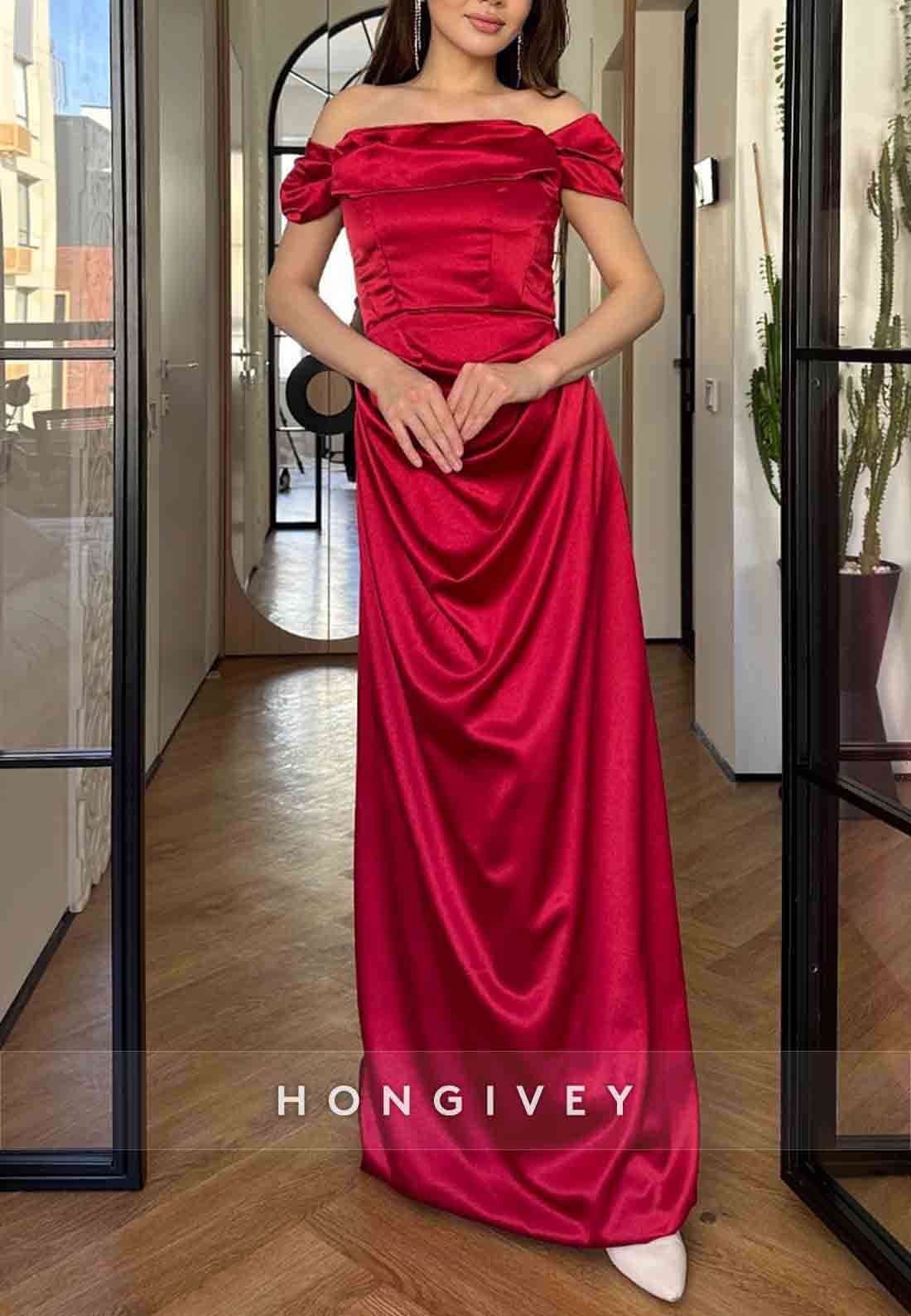 Red Off the Shoulder Floor-Length Satin Column Pleated Evening Gowns