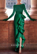 Sequined Foraml Wedding Sheath Bateau Neck Long Sleeves Evening Gowns with Ruffles