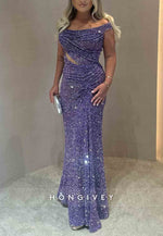 Glitter Off the Shoulder Purple Floor-Length Mermaid Pleated Prom Dresses
