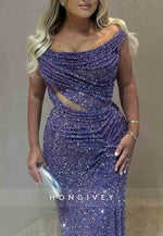 Glitter Off the Shoulder Purple Floor-Length Mermaid Pleated Prom Dresses