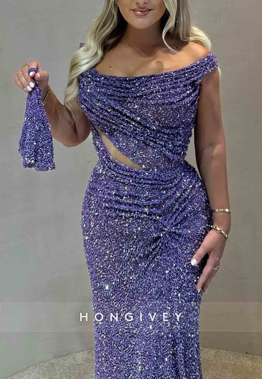 Glitter Off the Shoulder Purple Floor-Length Mermaid Pleated Prom Dresses