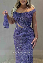 Glitter Off the Shoulder Purple Floor-Length Mermaid Pleated Prom Dresses