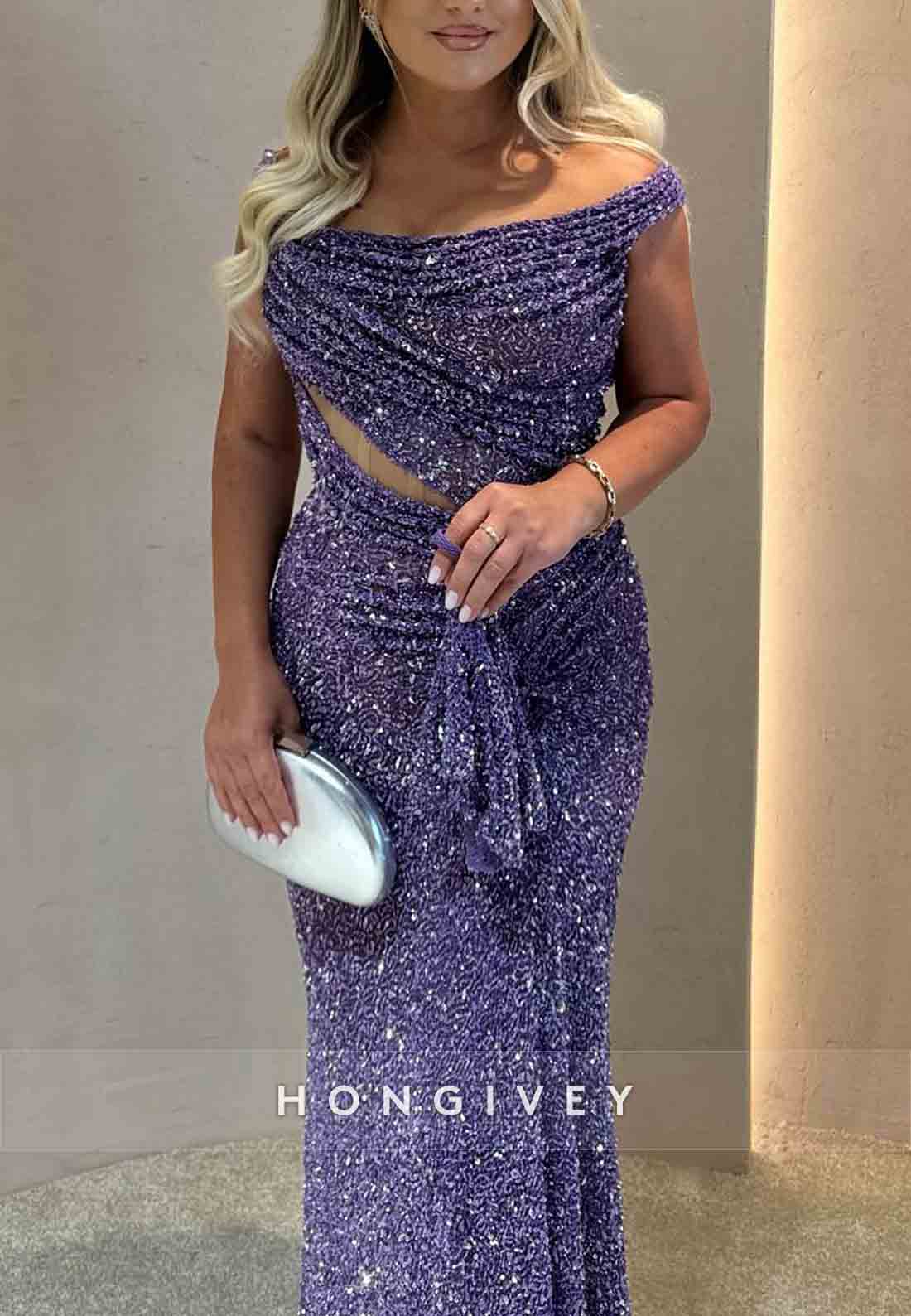 Glitter Off the Shoulder Purple Floor-Length Mermaid Pleated Prom Dresses