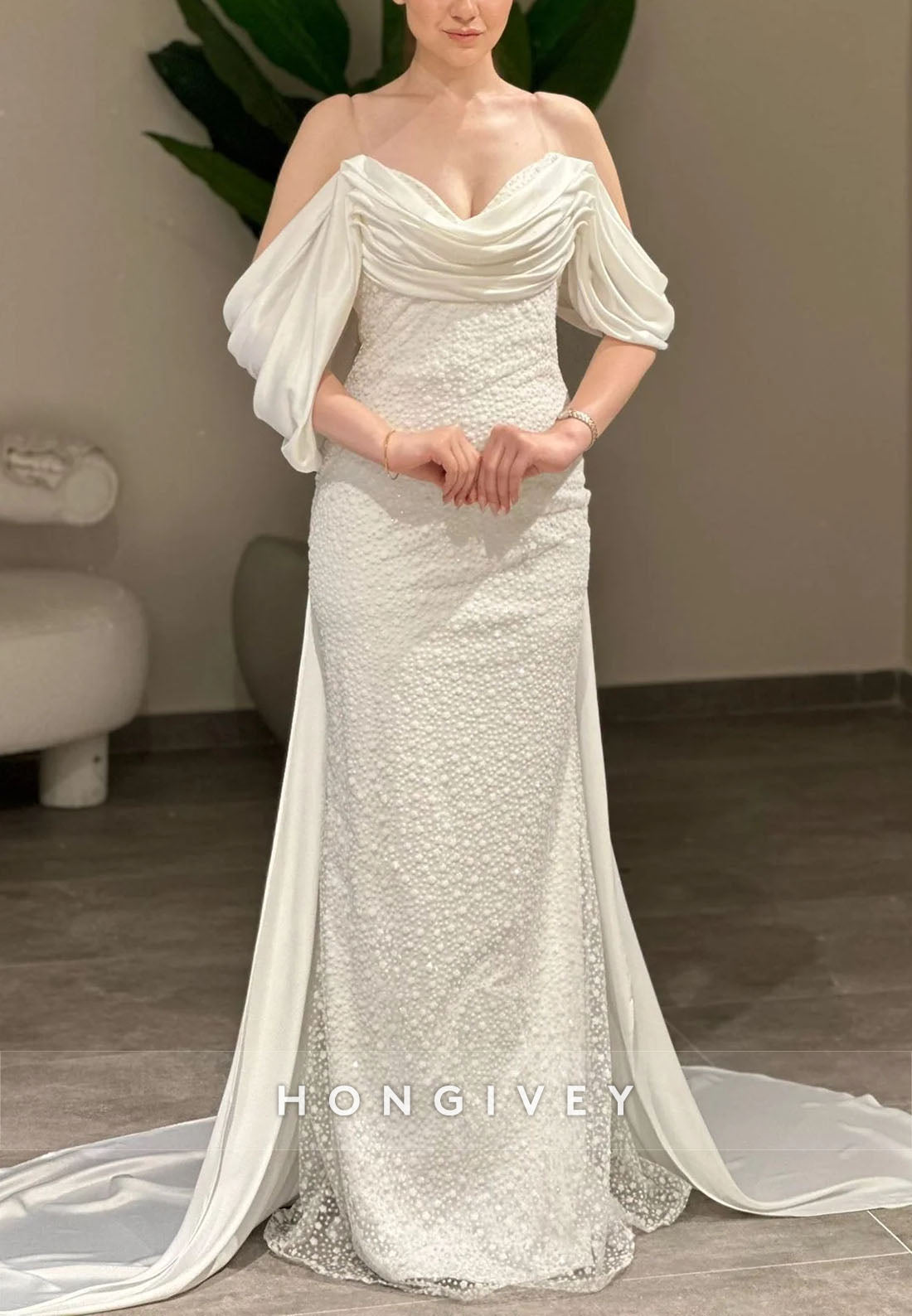 Off-Shoulder Ruched Mermaid Floor-Length Evening Gowns with Beading