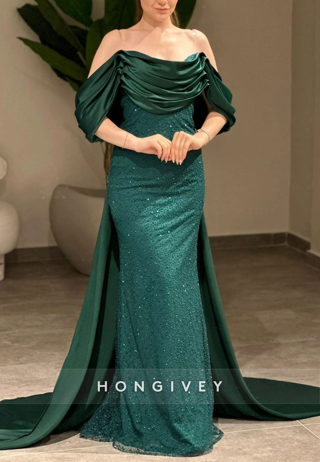 Off-Shoulder Ruched Mermaid Floor-Length Evening Gowns with Beading