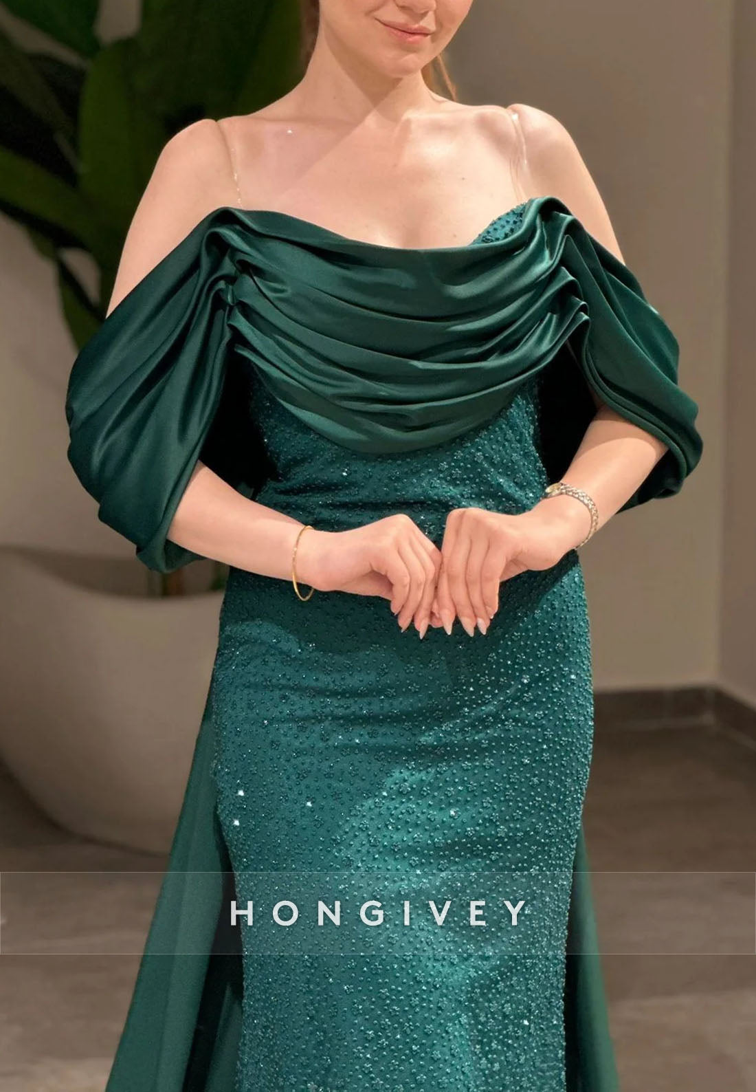 Off-Shoulder Ruched Mermaid Floor-Length Evening Gowns with Beading