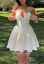 Halter Spaghetti Straps A-Line Pleated Short Homecoming Dress with 3D Flowers