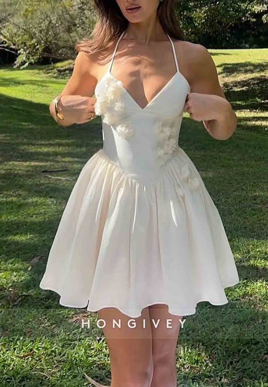 Halter Spaghetti Straps A-Line Pleated Short Homecoming Dress with 3D Flowers