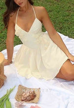 Halter Spaghetti Straps A-Line Pleated Short Homecoming Dress with 3D Flowers