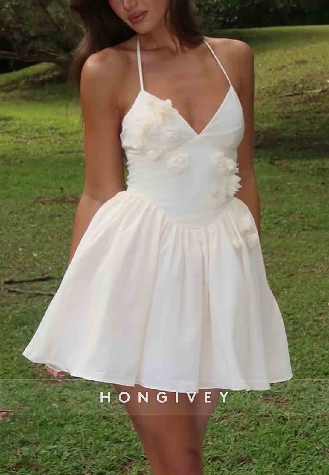 Halter Spaghetti Straps A-Line Pleated Short Homecoming Dress with 3D Flowers