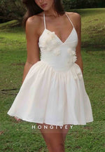 Halter Spaghetti Straps A-Line Pleated Short Homecoming Dress with 3D Flowers