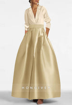 V-Neck A-Line 3/4 Sleeve Ankle-Length Satin Pleated Evening Gowns