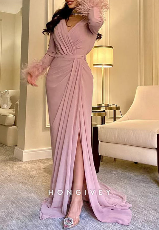 Column Court Train V Neck Long Sleeve Feather Slit Pleated Evening Gown