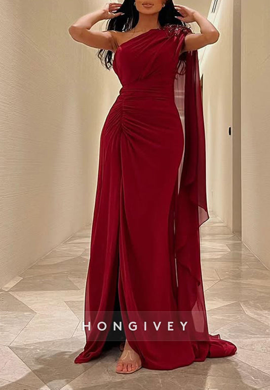 Side Draping Sheath Watteau Train One Shoulder Pleated Split Evening Gown