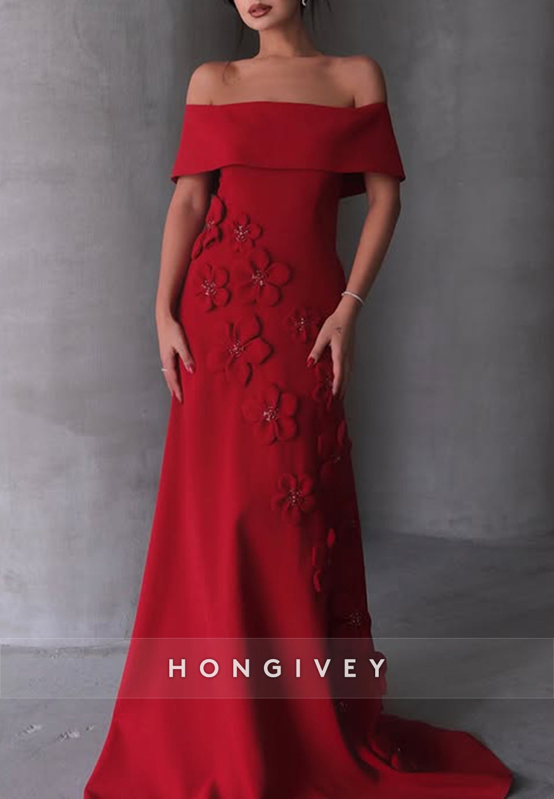 Off the Shoulder Evening Gown Trumpet Court Train Satin Handmade Flowers Pleated