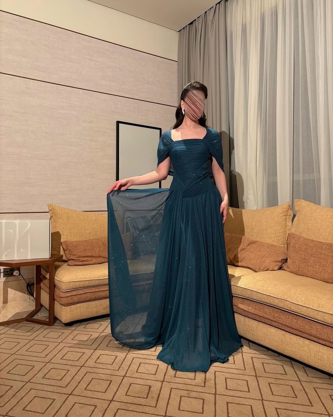 Square Neck Half Sleeves A-Line Ruched Floor-Length Evening Dress