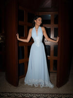 Fashion Blue Halter Sleeveless A-Line Applique Floor-Length Evening Dress
