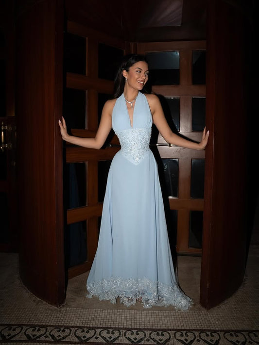 Fashion Blue Halter Sleeveless A-Line Applique Floor-Length Evening Dress