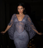 Elegant Purple V-Neck Cape Sleeve Lace Mermaid Floor-Length Evening Dress