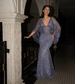 Elegant Purple V-Neck Cape Sleeve Lace Mermaid Floor-Length Evening Dress