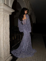 Elegant Purple V-Neck Cape Sleeve Lace Mermaid Floor-Length Evening Dress